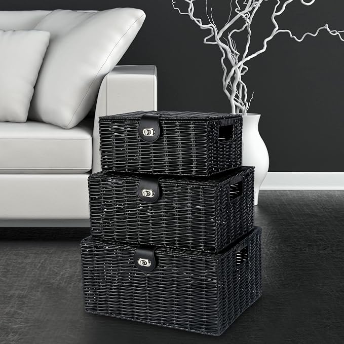 Honygebia Black Wicker Storage Baskets - Set of 3 Decorative Nesting Boxes with Lids, Woven Basket with Lock & Handle, Organizer for Beauty Makeup Bathroom Decor