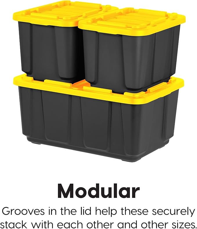 IRIS USA 4-Pack 27 Gallon Storage Bins with Lids |Made in USA| Heavy Duty Plastic Tote Containers for Truckbed Tool Box Organization, Large - Black/Yellow