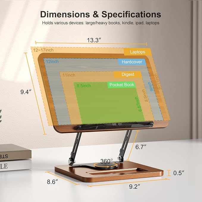 OPTIXCELL Book Stand for Reading, 360° Rotating Book Holder, Page Clips | Hands Free, Built-in Storage Tray, Adjustable Height Angle, Non-Slip, Foldable 13.3x9.4x1.9in, Fits Cookbook Tablet & Laptop