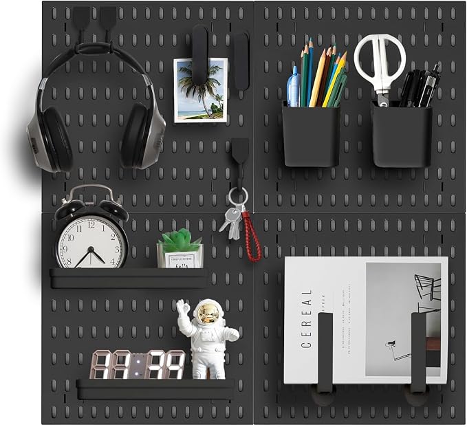 Pegboard Wall Organizer Kit, Modular Storage System, Black | 4 Modular 11.8" Pegboards with Hooks & Storage Baskets, Durable ABS/HIPS for Gaming, Office, Craft & Home Organization