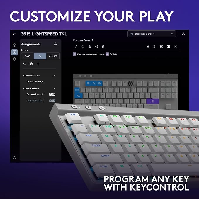 Logitech G515 Lightspeed TKL Wireless Gaming Keyboard (Linear) - White | LIGHTSPEED, low profile gaming, LIGHTSYNC RGB, thin tenkeyless, double-shot PBT keycaps, mechanical switches
