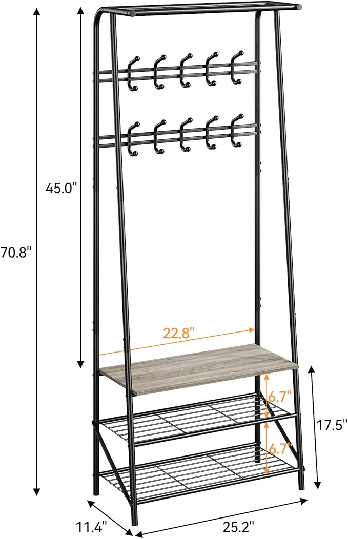 Coat Rack Hall Tree with Shoe Storage Bench, 4-in-1 Entryway Organizer, 10 Hooks & 3-Tier Shoe Rack, Freestanding Metal Frame for Hallway, Front Door