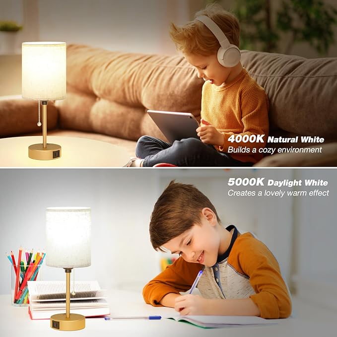 Dicoool Elegant Gold Bedside lamp for Bedroom - 3 Color Temperatures Small Table Lamp with USB C and A Ports, Pull Chain Table Lamps with AC Outlet, Cream Nightstand Lamps for Kids Reading Study