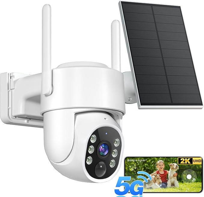 2K Security Cameras Wireless Outdoor, 5G WiFi Cameras for Home Security, 360° PTZ Solar/Battery Powered Outside Cam, 2 Way Talk, Color Night Vision, AI Human Detection for Porch/Garage/Yard