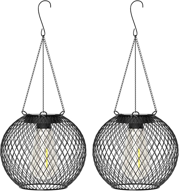 HOTEAGLE Solar Hanging Lights, Waterproof Outdoor Decorative Globe Lanterns with Vintage Edison Bulb, Retro Metal Mesh Pendant Light for Garden, Patio, Yard, Tree Decor (Black-2-Pack)