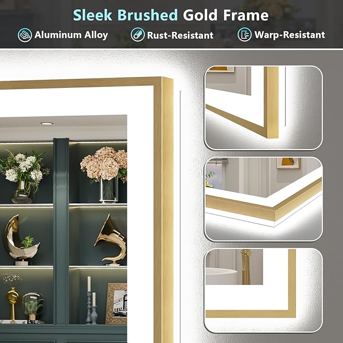50x32 Gold LED Bathroom Mirror with Lights, Brushed Gold Framed Backlit and Front Lit Anti-Fog Lighted Vanity Mirrors for Bathroom Wall, Dimmable, 3 Colors, Memory, HD Tempered Glass, CRI＞90