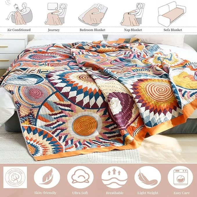 Boho Throw Blanket for Bed 100% Cotton Bohemian Blankets Ultra Soft Woven Muslin Decorative Blankets All Seasons Vintage Quilt Knitted Blanket for Sofa Chair (Colorful, 90"x98")