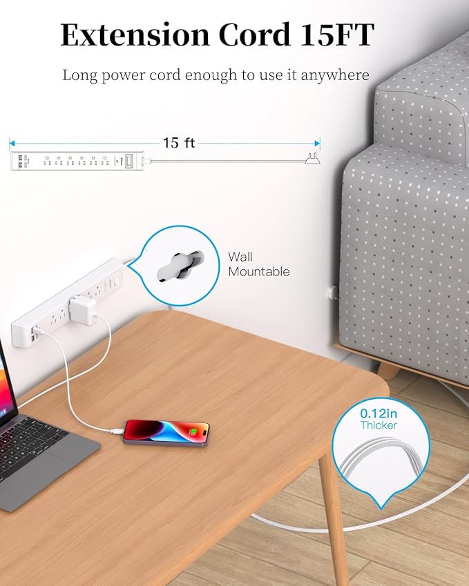 15FT Extension Cord, Flat Plug Surge Protector Power Strip, Long Cord Extension Cord with Multiple Outlets, 6 Outlets & 4 USB Ports (2 USB C), Desk Charging Station for Home, College Dorm Essentials