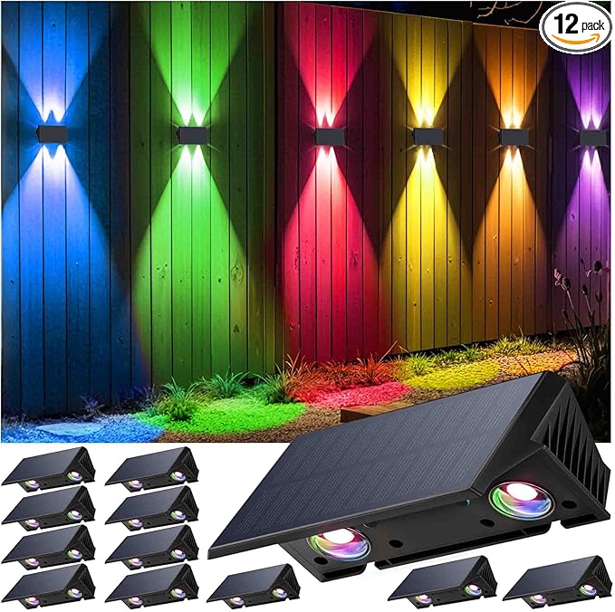 Fence Lights Solar Powered, 12-Pack Solar Fence Lights Up/Down Flexible Buttons, IP67 Waterproof for Outdoor, 100LM Bright, Auto Dusk to Dawn for Wall/Stairs/Yard/Railing/Deck/Pathway (White & RGB)
