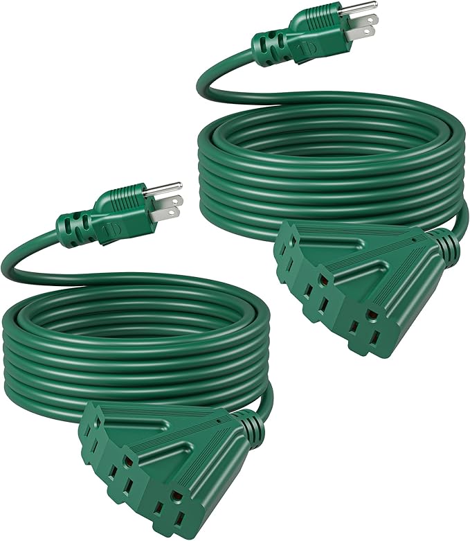 DEWENWILS 25 FT Green Outdoor Tri-Tap Extension Cord Splitter,Halloween Weatherproof 16/3 SJTW Power Cable for Outdoor String Light, Holiday Decoration and Landscaping Lights, ETL Listed, Pack of 2