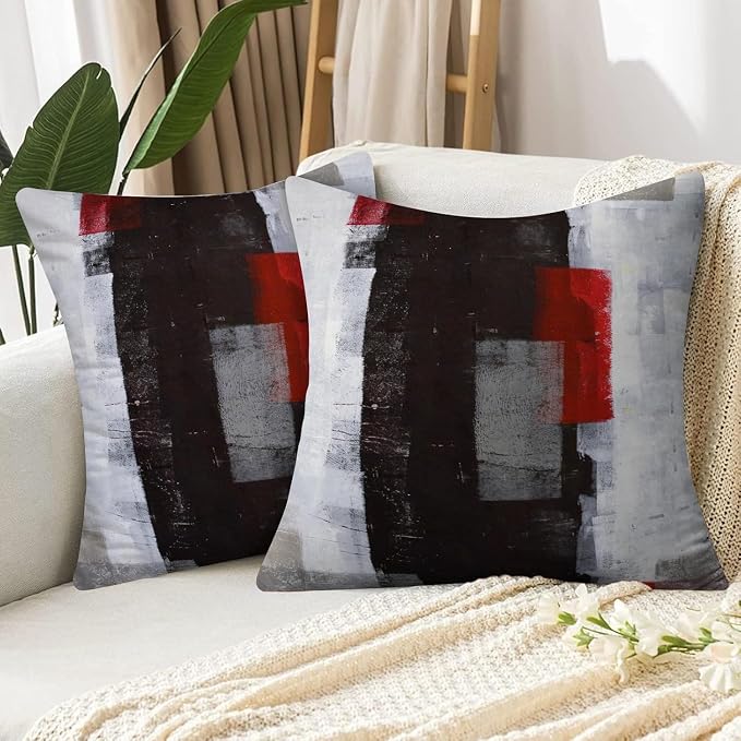 Throw Pillow Covers for Couch, 16x16 Inch, 2 Pack, Red Grey | Decorative Throw Pillow Covers Cushion Covers for Couch Bedroom Sofa Living Room