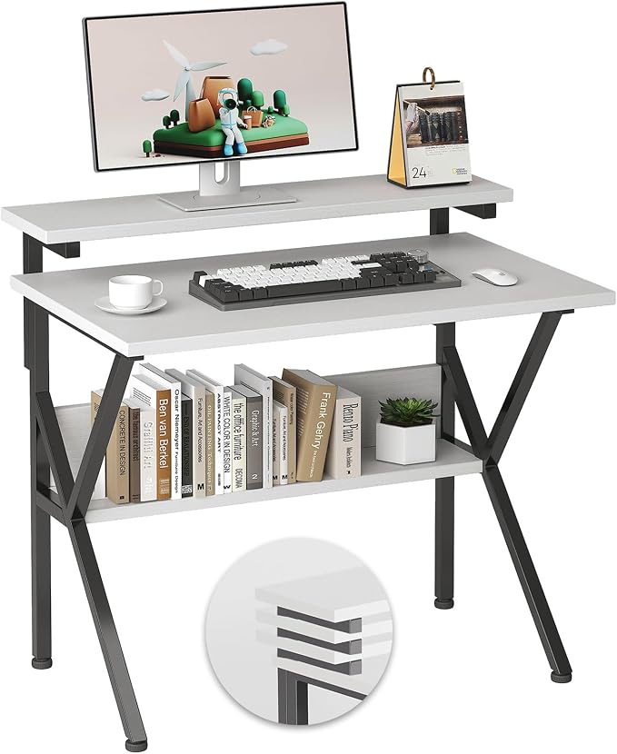 COTUBLR Small Desk, Small Computer Desk for Spaces, 27.5 Inch Computer Desk with Adjustable Monitor Stand, Compact Desk with Storage for Bedroom Home Office, White Tabletop+Black Frame