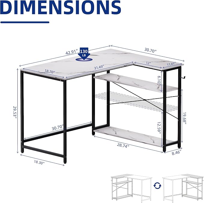 Pamray 43 Inch L Shaped Computer Desk with Reversible Side Storage Shelves, Small Corner Desk for Small Space Home Office,Writing Study Table PC Desk for Bedroom,White Marble