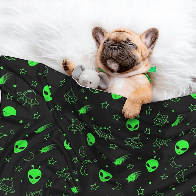 Reversible Plush Dot Pet Blanket for Dogs and Cats, Green Alien Moon Spaceships Planet Black, Ultra Soft Two Sided Design with Warm Fuzzy Side and Smooth Side for Comfort