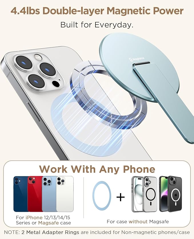 Magnetic Phone Stand Grip for Magsafe, Utral-Thin Snap-on Phone Holder, Kickstand, & Grip, Foldable & Adjustable for Hands-Free Viewing | Compatible with Phone 16 15 14 13 12 Pro, Blue