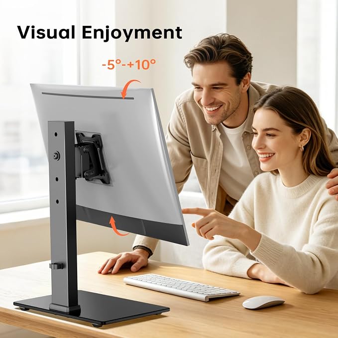 Afaloona Freestanding Single Monitor Stand for 13-32 Inch Monitor, No Clamp | Max Load 77lbs | Tempered Glass Base | ±25° Swivel | -5° to +10° Tilt | 360° Rotation | 4 Height Options | VESA 75×75/100×100