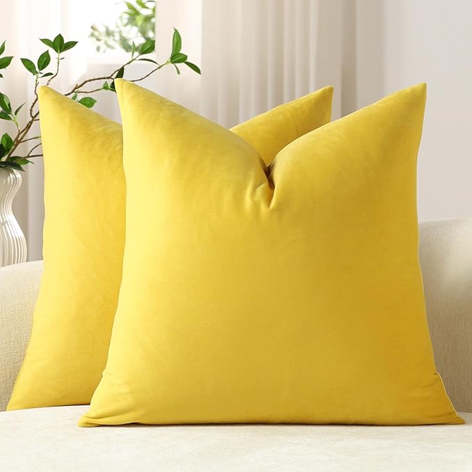 Throw Pillow Covers 20x20 Yellow: Pack of 2 Cozy Soft Velvet Square Modern Luxury Decorative Throw Pillow Cases for Sofa Couch Living Room Bed Home Decor