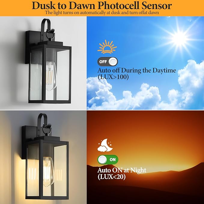 11.8-inch Dusk to Dawn Outdoor Wall Lights, Black Exterior Light Fixture with Clear Tempered Glass, IP65 Waterproof All-Metal Sconce for Porch, Front Door, Garage