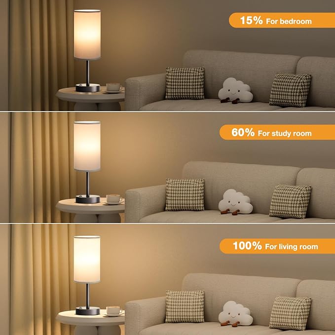 Fenmzee Grey Nightstand Bedroom Lamp - 3 Way Dimmable Bedside Lamp USB C A Charging Ports and AC Outlet, Small Table Lamp Linen Lampshade for Office Desk