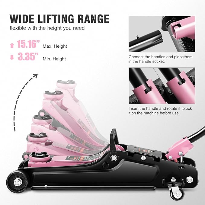 DNA Motoring Low Profile Hydraulic Trolley Service/Floor Jack, 2.5 Ton (5500 lbs) Capacity, Lifting Range 3.35"-15.16",Pink, TOOLS-00676-PK