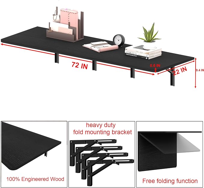 IAE 72x22in Floating Fold Desk,Wall-Mounted Folding Computer Table,Black | Study Table with Shelf Brackets,Foldable Down Shelf with Engineered Wood,Fold Computer Desk for Small Apartment,Holds 518 lb