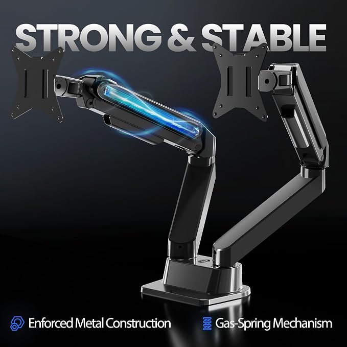 EVEO Premium Dual Monitor Mount 14"-32” Dual Monitor Arm VESA Bracket Adjustable Height Gas Spring Dual Monitor Stand, Screen Full Motion Dual Monitor Arm-Computer Monitor Stand for 2 Screens - Black