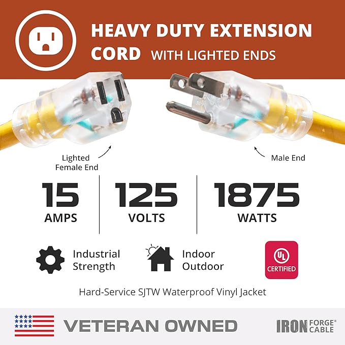Iron Forge Cable Outdoor Extension Cord 3 Ft - 10 Gauge Heavy Duty Extension Cord, 15 AMP, 10/3 Yellow Power Cable SJTW Weatherproof with 3 Prong