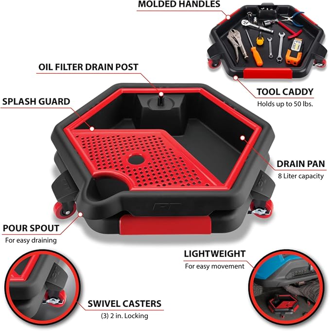 Performance Tool W4074 2 in 1 Drain Pan and Tool Caddy - Conveniently Collects Oil and Organizes Tools for Automotive Repairs