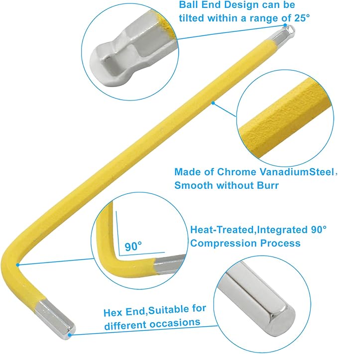 4mm Yellow Ball End Allen Wrench Set, 25 Angle Metric, S2 Alloy Steel