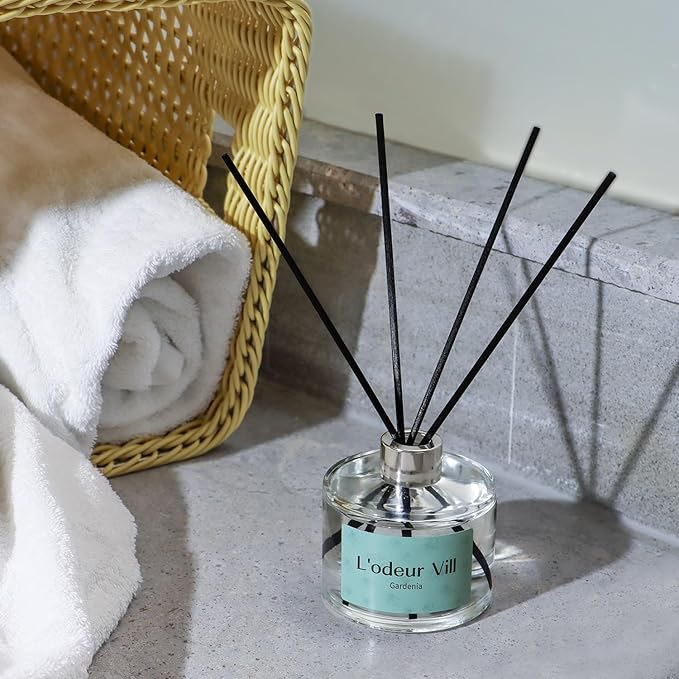 L'odeur Vill Reed Diffuser Set, 6.7 oz(200ml) Gardenia Scented Diffuser with 6 Oil Diffuser Sticks, Home Fragrance Essential Oil Reed Diffuser for Home Large Rooms Bathroom Shelf Decor