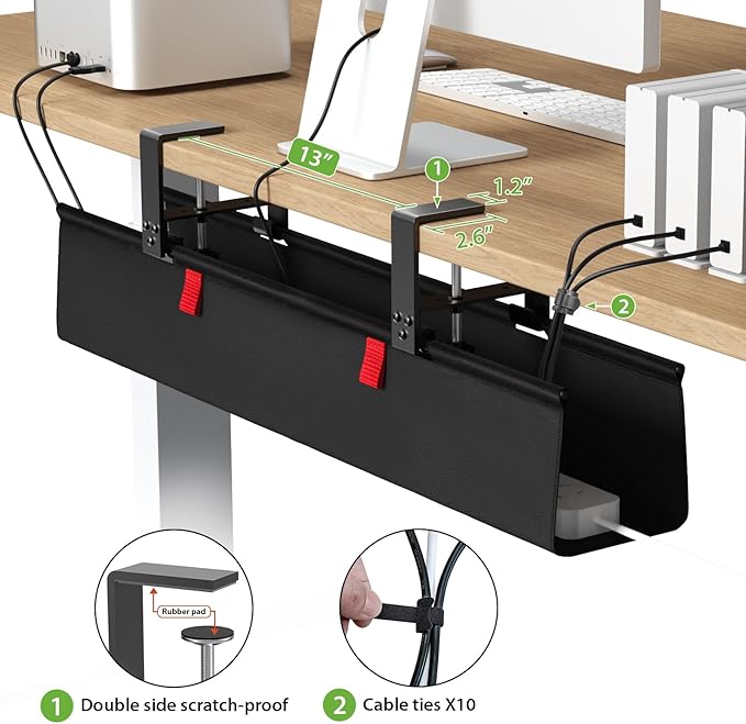 KEEGH No Drill Under Desk Cable Management Tray - 28" Cord Management Under Desk - Clamp/Screw Mount - Support Upto 70lbs - Fabric Wire Management - Gaming/PC Cable Tray Cord Hiders for Office/Home