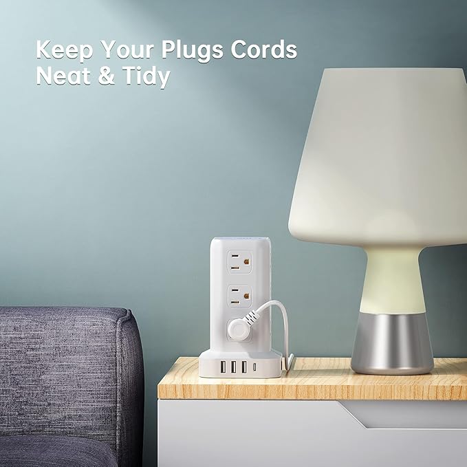 Tower Surge Protector Power Strip with USB 12 Outlets with 4 USB Ports (1 USB C), 10FT Extension Cord Multi Plug Outlet Extender Overload Protection for Home Office