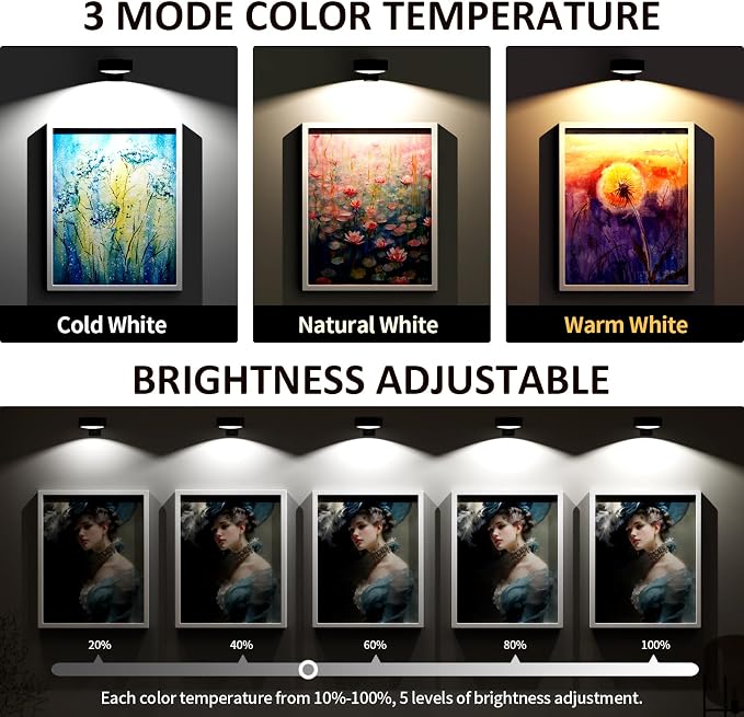 Tututry 3 Pack Wireless Picture Light, Rechargeable 2000mAh Battery Operated with Remote & Timer, Dimmable 3 Color Temps Magnetic Frame Light for Painting, Poster, Gallery Wall Decor