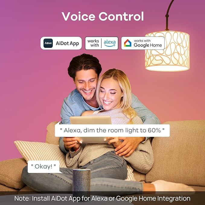 Linkind Smart Light Bulbs, Work with Alexa, Google Home, AiDot | Led Color Changing Light Bulb RGBTW, 2.4G WiFi+Bluetooth, 104 Preset Scene, Music Sync, DIY, Dotis, A19 E26, 60W 800LM, 8Pack
