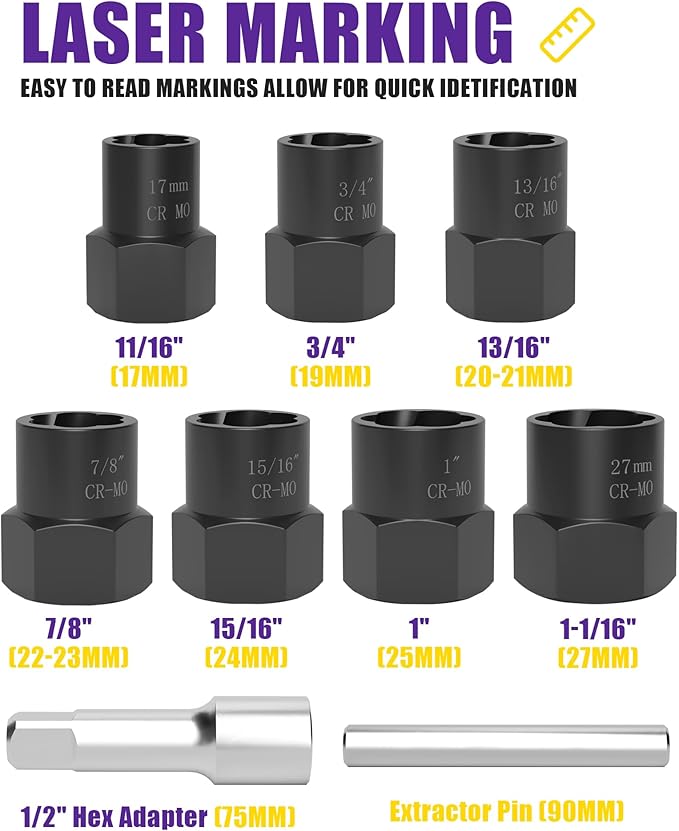 9PCS Bolt Extractor Kit Heavy Duty, 1/2" Drive Impact Lug Nut Remover Tool, Nut Extractor Set Large Size 17-27mm For Removing Stripped, Damaged, Rounded off and Rusted Nuts, Bolts, Studs