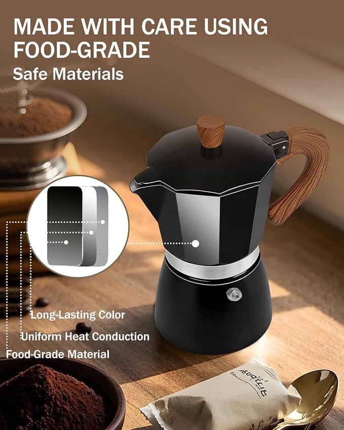 Coffee Maker Stovetop Espresso Maker 6 Cup Aluminum Moka Pot Percolator 10oz 300ml Easy Brewing for Electric Ceramic Stoves Home Camping Italian Cuban Café Classic Black