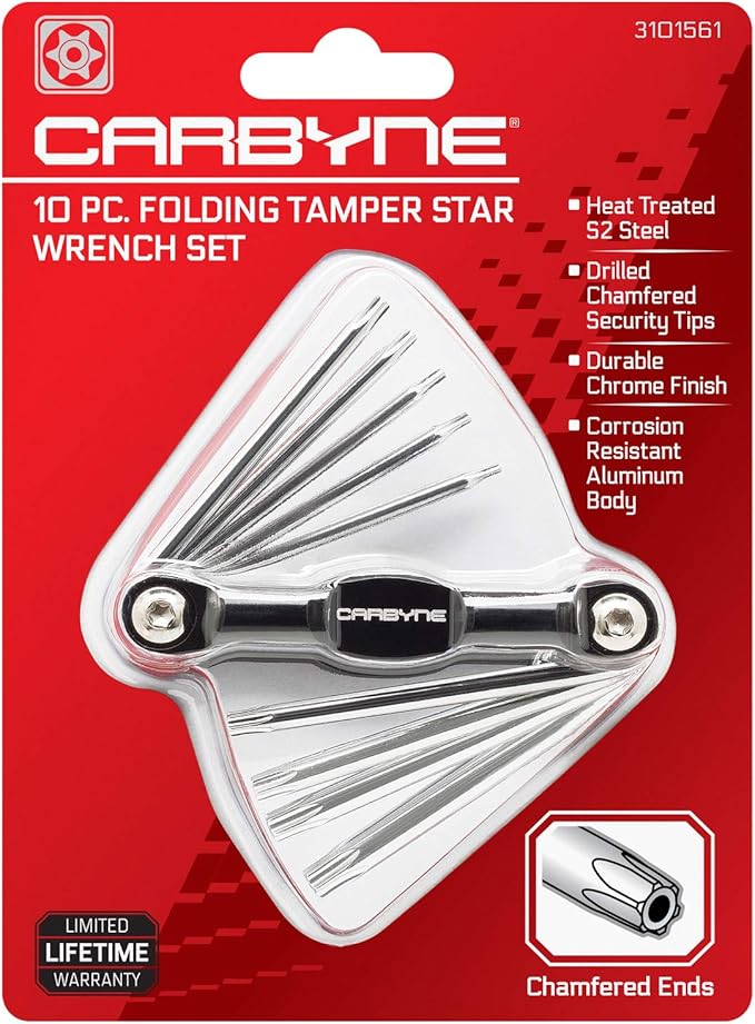 Carbyne 10-Piece Folding Tamper Proof Torx Wrench Set, T6 to T30 Sizes, Heat Treated S2 Steel, Security Tips