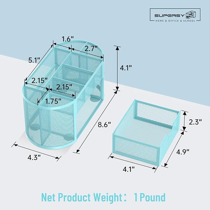Mesh Desk Organizer with Drawer, 9-Compartment Pen Holder for Desk, Blue | Pull-Out Drawer Stores Pens, Pencils, Clips, Notes, and Small Office or School Supplies in One Compact Desk Caddy