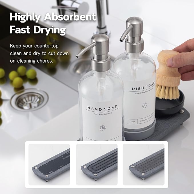[Luxury] Kitchen Soap Dispenser Set - 16OZ Clear Glass Bottle, Stainless Steel Pump, Instant Dry Tray, Waterproof Labels, Non-Slip Silicone Pad, and Dish Brush | Upgrade for Your Kitchen and Bathroom