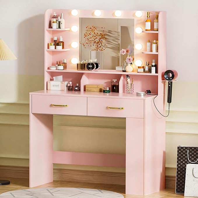 COMHOMA Vanity Desk with Lighted Mirror and Power Outlet, RGB LED Lights Makeup Vanity Set for Girls, Large Storage Capacity Dressing Table for Bedroom, 3 Lighting Modes Adjustable Brightness, Pink