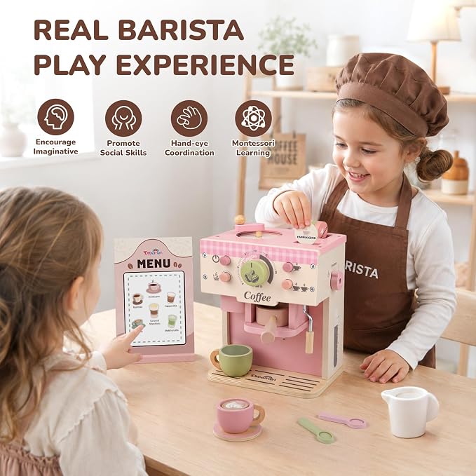 Dreamon Toy Coffee Maker Wooden Kitchen Accessories for Kids Pretend Play | Realistic Kids Coffee Playset with Moving Parts, Montessori Kitchen Toys for 3 4 5 Year Old Boys & Girls Birthday Gifts, Pink