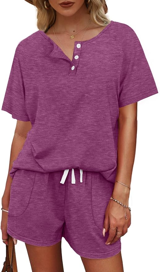 WIHOLL Two Piece Outfits for Women Lounge Sets Button Down Top and Shorts Set Sweatsuits with Pockets