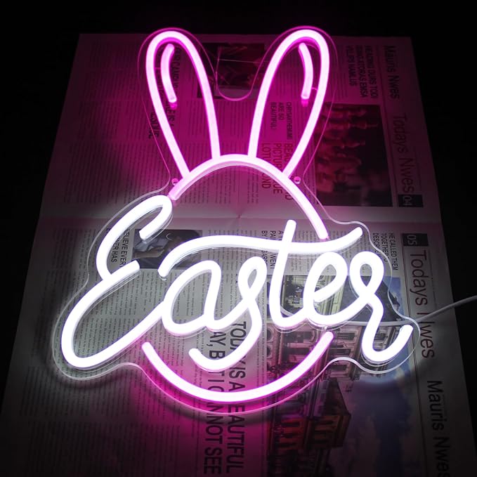 Easter Bunny Egg Neon Sign Pink Rabbit Ears Neon Light Easter Day LED Neon Signs for Wall Neon Lights Signs for Bedroom Bar Party Decor Kid Gift
