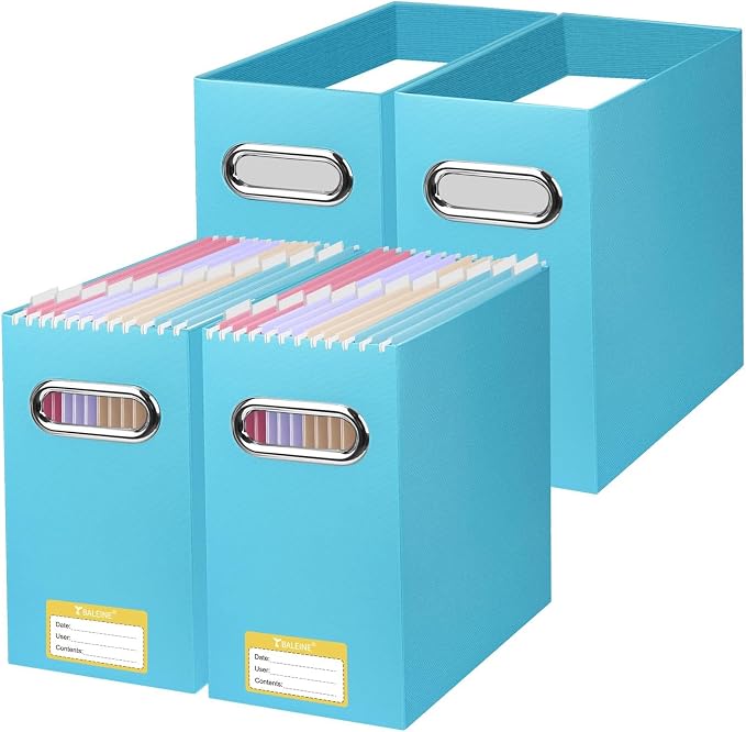 BALEINE File Organizer Box, Cardboard File Folder Organizer with Handle for Letter Size, Portable Collapsible Hanging Filing Box for Home Office Document Storage (4 Pack, Blue)