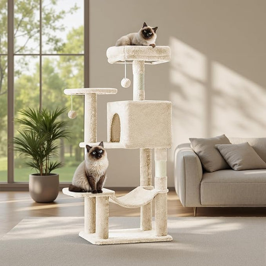 Cat Tree Tower 44 Inch, Small Cat Tower with Condo, Hammock, Sisal Scratching Posts, Extended Perch, Pet Play House for Indoor Kittens and Cats, Beige