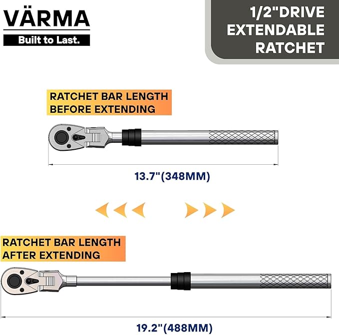 1/2" Drive Ratchet – 13.7–19.2" 6-Stage Extendable Handle, 90T Flex Head, Quick Release, Chrome Vanadium