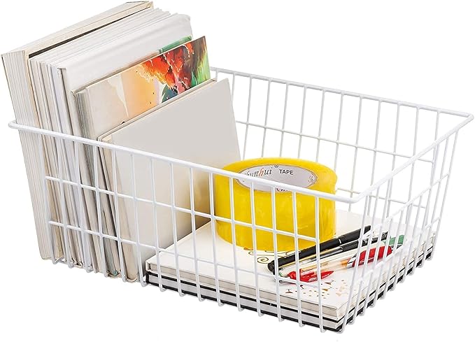Redrubbit Wire Storage Baskets, Large Farmhouse Metal Freezer Basket Storage Organizer Bins with Handles for Kitchen Cabinets, Pantry, Closets, Bedrooms, Bathrooms, Set of 4, White