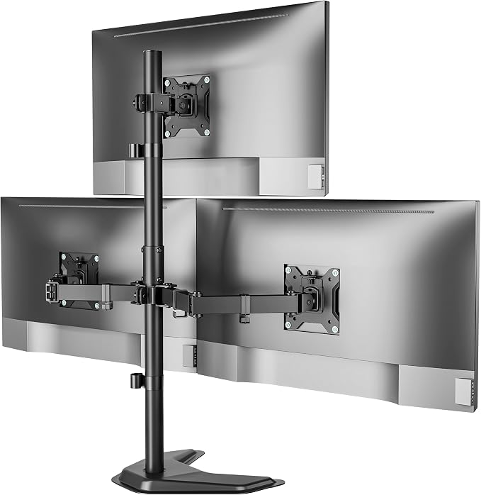 monTEK Freestanding Triple Monitor Stand for 17-32" Screens, 22 lbs Each | Solid V-shaped base, three-screen full-motion arms, height adjustment, tilt, swivel, rotation and VESA 75/100