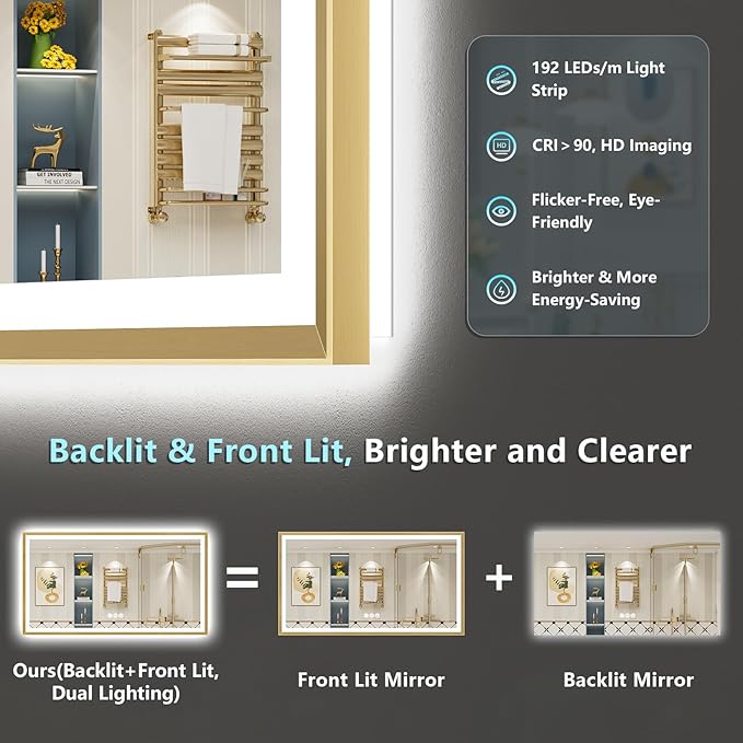 96x36 Gold Beveled Framed LED Bathroom Mirror with Lights, Backlit & Front Lit, Anti-Fog Metal Frame Lighted Vanity Mirrors for Bathroom Wall, Dimmable, 3-Color Light, Memory, Tempered Glass