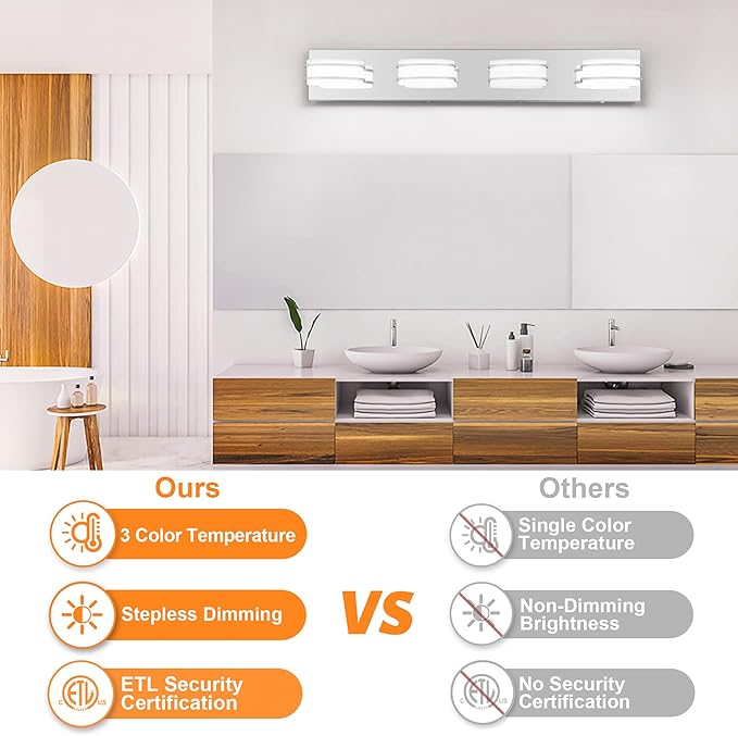 3 Color Temperature Dimmable Vanity Lights for Bathroom, LED Chrome 4 Light Vanity Lighting Fixtures, Acrylic Stainless Steel Oval Shade Bathroom Light Fixtures Over Mirror, ETL Certificated